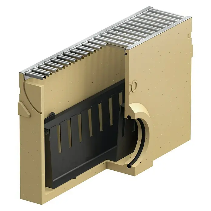 ACO Self Einlaufkasten Standardline - 50 x 11,8 x 30 cm - Detailansicht eines Entwässerungssystems mit Gitterrost und seitlichem Ablauf, ideal für die Oberflächenentwässerung im Außenbereich.