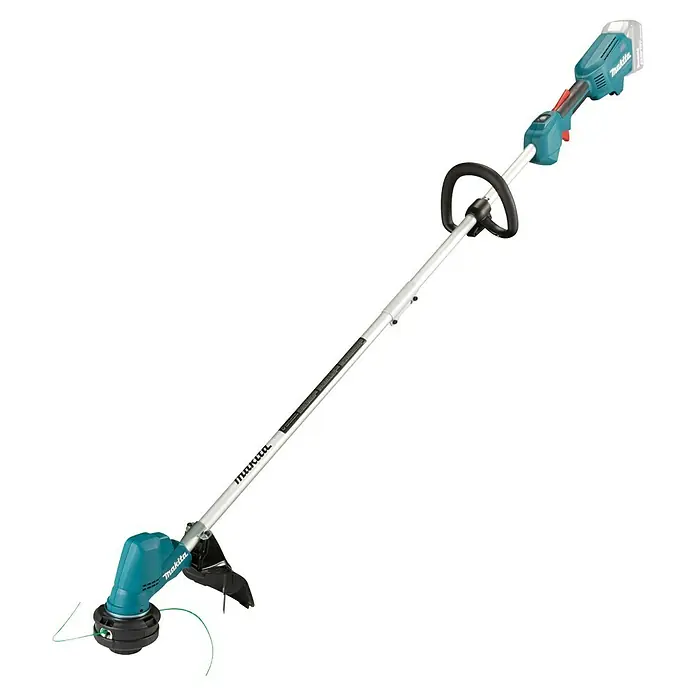 Makita LXT 18V Akku-Rasentrimmer DUR192LZX1 - 18 V, Li-Ionen, Ohne Akku, Schnittbreite Faden: 300 mm - Abbildung eines Makita Akku-Rasentrimmers mit blaugrünen Akzenten und silbernem Schaft.