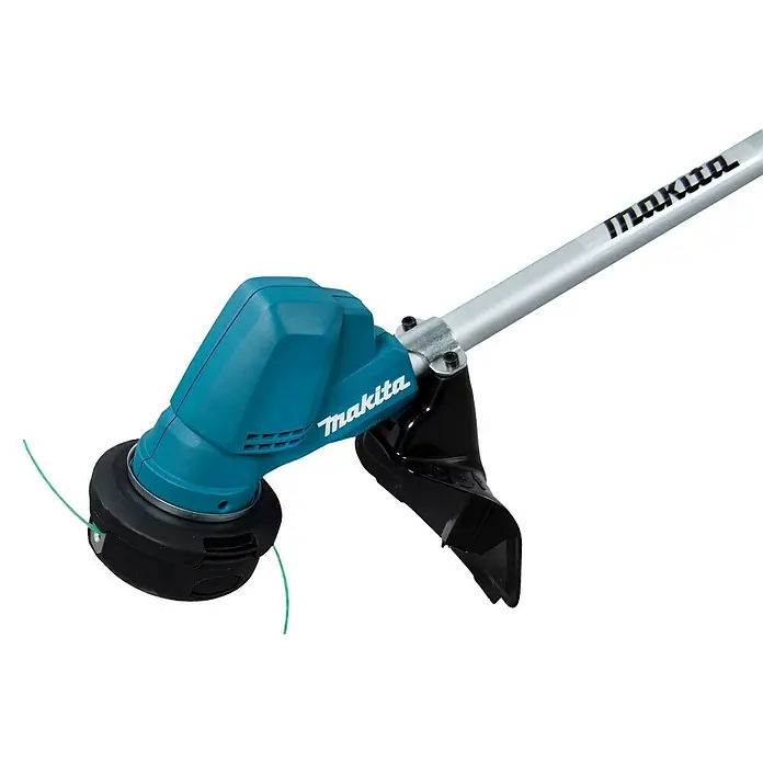 Makita LXT 18V Akku-Rasentrimmer DUR192LZX1 - 18 V, Li-Ionen, Ohne Akku, Schnittbreite Faden: 300 mm - Nahaufnahme eines Makita Akku-Rasentrimmers mit blaugrünem Gehäuse, schwarzem Trimmerkopf und silberfarbenem Schaft.