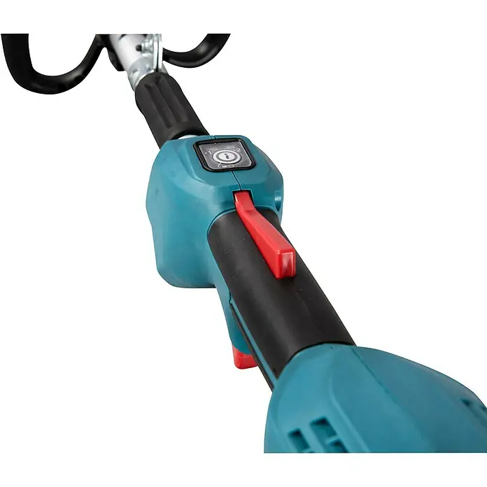 Makita LXT 18V Akku-Rasentrimmer DUR192LZX1 - 18 V, Li-Ionen, Ohne Akku, Schnittbreite Faden: 300 mm - Nahaufnahme des Trimmers mit blaugrünem Gehäuse, schwarzem Griff und rotem Auslöser, der für Benutzerfreundlichkeit und präzise Steuerung entwickelt wurde.