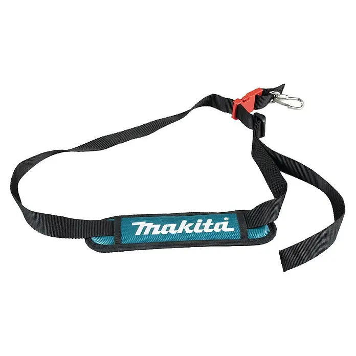Makita LXT 18V Akku-Rasentrimmer DUR192LZX1 - 18 V, Li-Ionen, Ohne Akku, Schnittbreite Faden: 300 mm - Makita Tragegurt: Schwarzer Gurt mit türkisfarbenem Schulterpolster und Makita-Logo für komfortables Tragen von Werkzeugen.