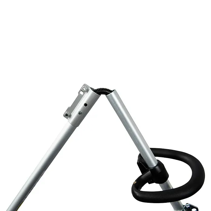 Makita LXT 18V Akku-Rasentrimmer DUR192LZX1 - 18 V, Li-Ionen, Ohne Akku, Schnittbreite Faden: 300 mm - Nahaufnahme eines verstellbaren Heckenscherenaufsatzes mit silberner Stange und schwarzem Griff vor einem schwarzen Hintergrund.