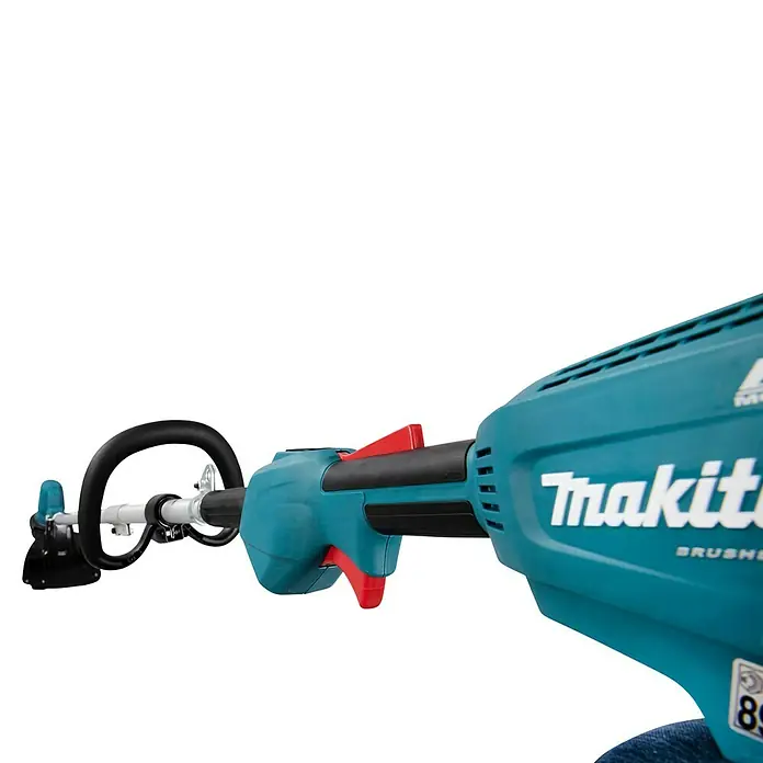 Makita LXT 18V Akku-Rasentrimmer DUR192LZX1 - 18 V, Li-Ionen, Ohne Akku, Schnittbreite Faden: 300 mm - Nahaufnahme eines Makita Akku-Rasentrimmers mit blau-schwarzem Design und roten Akzenten. Das Gerät ist mit einem Griff und Bedienelementen ausgestattet.