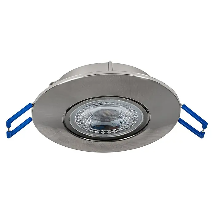 Eglo LED-Einbauleuchte Agulo - Warmweiß, Durchmesser: 85 cm, Nickel-matt - Nahaufnahme einer runden, silberfarbenen LED-Einbauleuchte mit blauen Befestigungsclips und einer klaren, facettierten Linse.