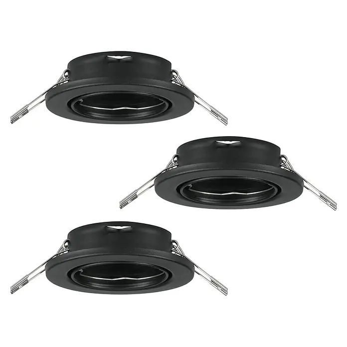 Eglo LED-Einbauleuchte Agulo - Durchmesser: 86 mm, Einbaudurchmesser: 68 mm, Schwarz - Drei schwarze Einbaustrahler mit silberfarbenen Klammern.