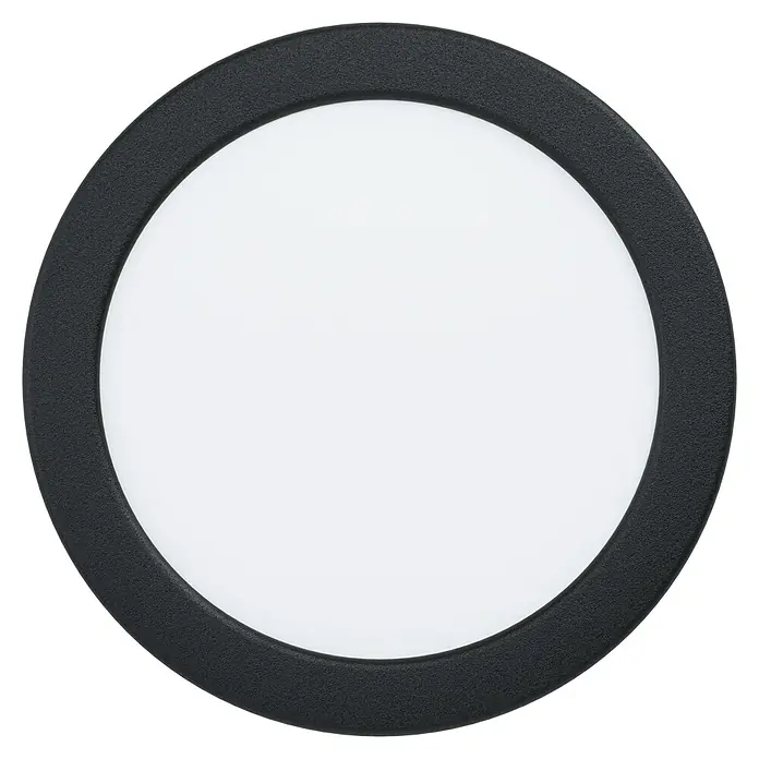 Eglo LED-Einbauleuchte Alange - Warmweiß, Durchmesser: 166 mm, Schwarz - Nahaufnahme einer runden, schwarzen Deckenleuchte mit weißem Diffusor. Ideal für moderne Innenräume.
