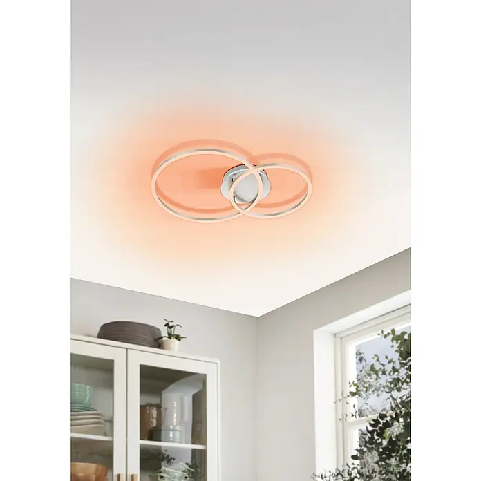 Eglo LED-Deckenleuchte PALMAVES 3 - 12 W, L x B x H: 55 x 39 x 8,9 cm, Nickel-matt, RGBW - Moderne Deckenleuchte mit zwei ineinander verschlungenen Ringen und warmem Lichtschein, ideal für stilvolle Innenräume.