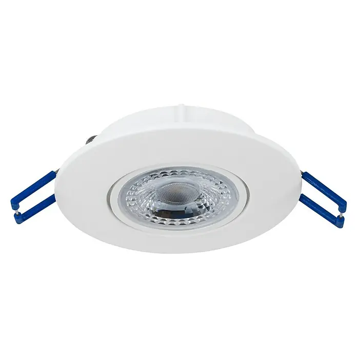 Eglo LED-Einbauleuchte Agulo - Warmweiß, Durchmesser: 9 cm, Weiß - Weiße LED-Einbauleuchte mit blauen Befestigungsclips, ideal für moderne Innenräume, die eine effiziente Beleuchtungslösung suchen.