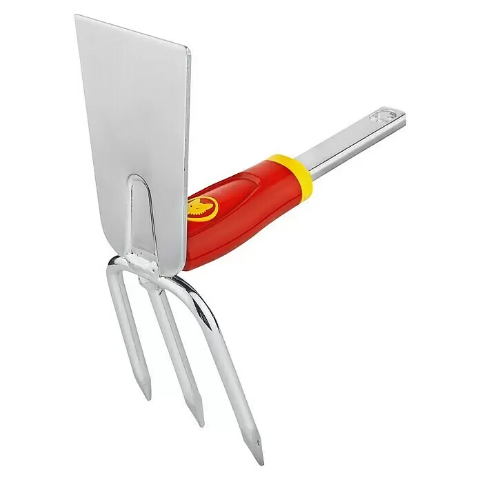 Wolf-Garten Multi-Star Doppelhacke IL-M 3 - Anzahl Zinken: 3 - Silberne Hacke und dreizinkiger Kultivator als Handgerät mit rotem und gelbem ergonomischem Griff.