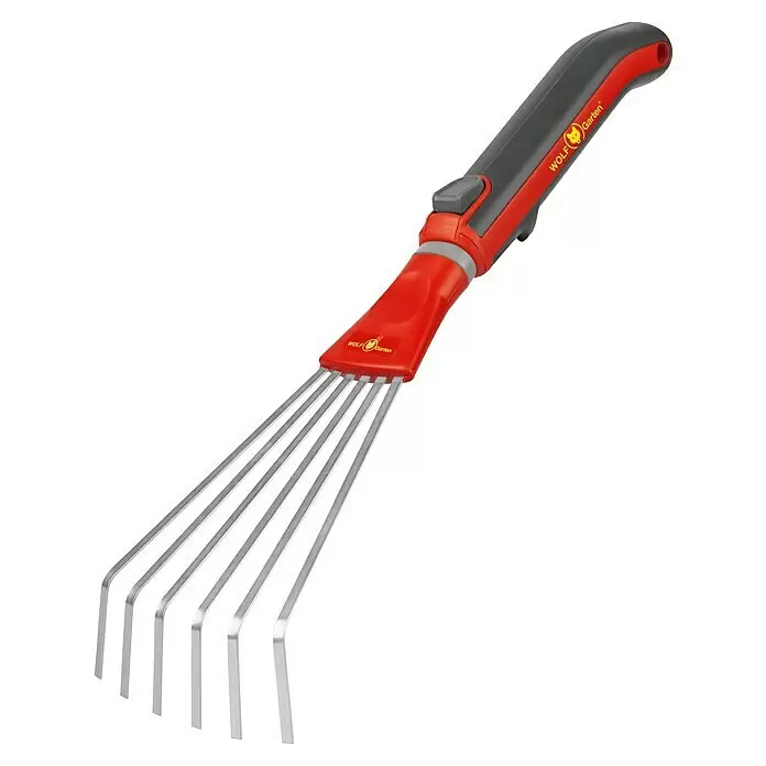 Wolf-Garten Multi-Star Fächerbesen LD-M Set - Arbeitsbreite: 11,5 cm - Roter und grauer WOLF-Garten Handrechen mit silbernen Metallzinken für die Gartenarbeit.