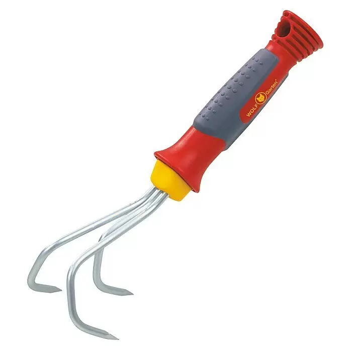 Wolf-Garten Multi-Star Hand-Kleingrubber KA-2K - Arbeitsbreite: 7 cm - Roter und grauer WOLF Garten Handgrubber mit silbernen Metallzinken zum Lockern des Bodens.