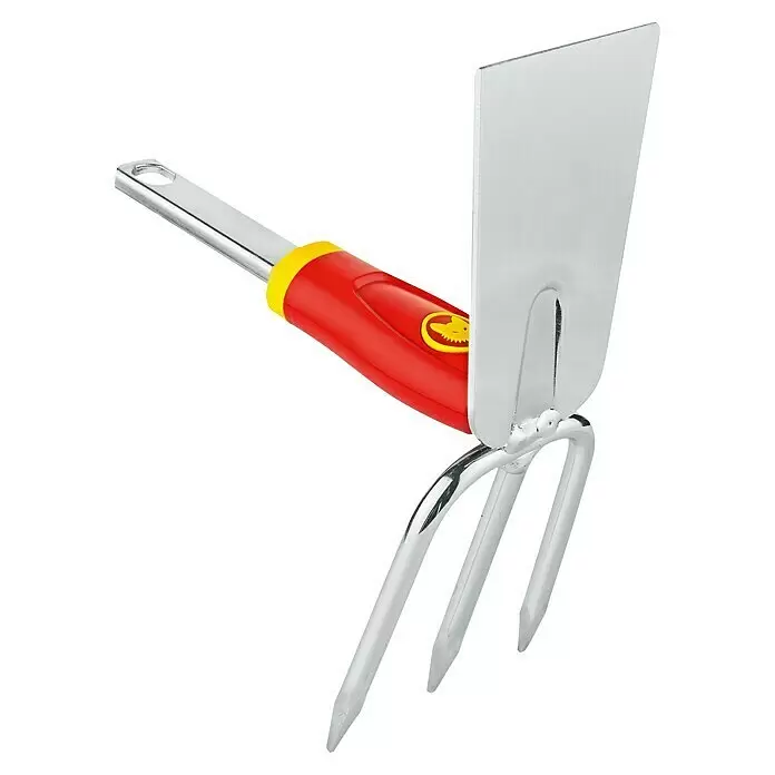 Wolf-Garten Multi-Star Doppelhacke IL-M 3 - Anzahl Zinken: 3 - Gartenwerkzeug mit rot-gelbem Griff, silberner Hacke und dreizackigem Grubber.