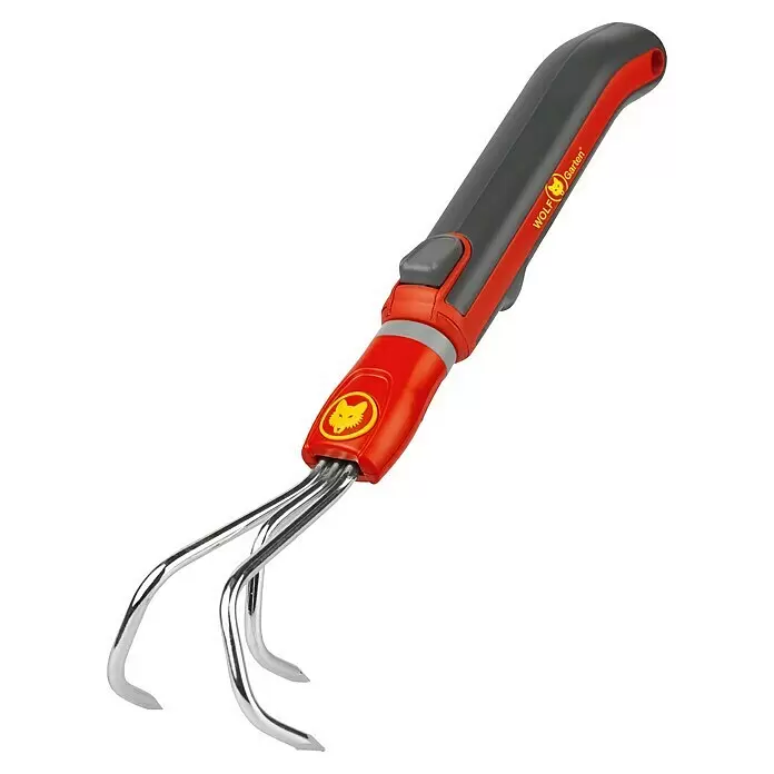 Wolf-Garten Multi-Star Kleingrubber LA-M Set - Arbeitsbreite: 7 cm, Anzahl Zinken: 3 - Roter und grauer WOLF Garten Handgrubber mit drei glänzenden Metallzinken.