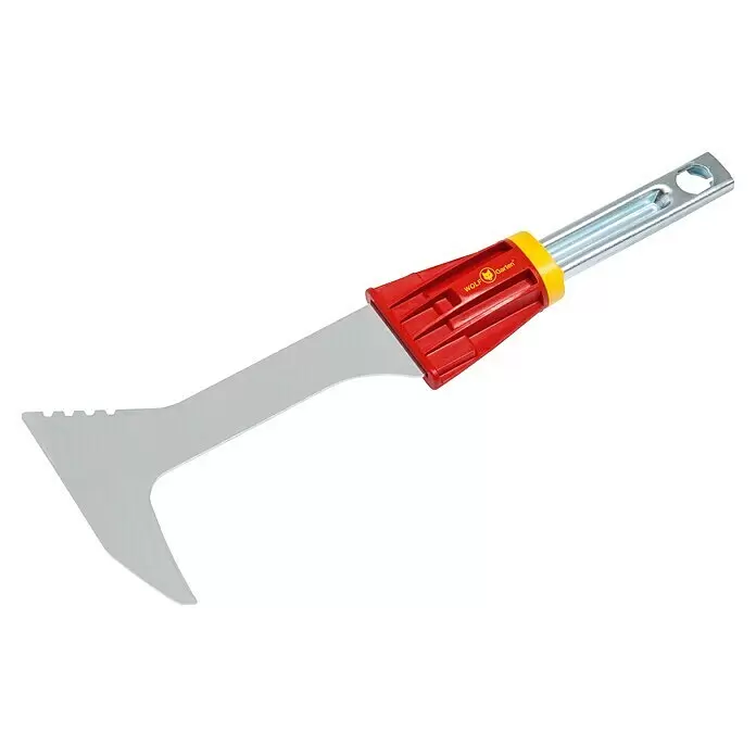Wolf-Garten Multi-Star Fugenkratzer FK-M - 27 cm - WOLF-Garten Unkrautschaber mit rotem Kunststoffgriff, gelbem Kragen und silberner Metallklinge mit gezackter und spitzer Kante.
