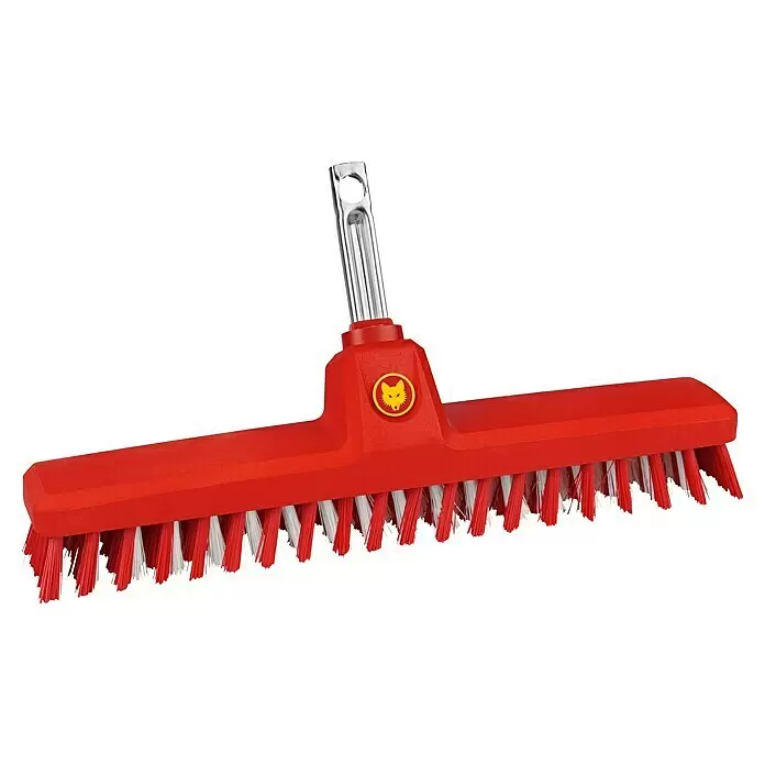 Wolf-Garten Multi-Star Schrubber SB 350 M - Arbeitsbreite: 35 cm, Material Borsten: Kunststoff - Roter Besenkopf mit weißen und roten Borsten und einer Metallstielaufnahme.