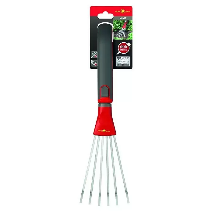 Wolf-Garten Multi-Star Fächerbesen LD-M Set - Arbeitsbreite: 11,5 cm - Ein roter und grauer WOLF Garten Mini-Handrechen mit silbernen Zinken für kleine Gartenarbeiten.