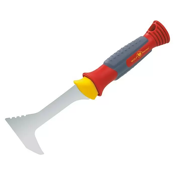 Wolf-Garten Multi-Star Hand-Fugenkratzer KF-2K - 31 cm - Roter, grauer, gelber Fugenkratzer mit Metallklinge, abgewinkelt und gezackt.