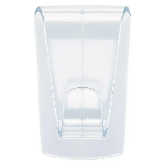 Tesa Colgador adhesivo - Transparente, Carga soportada: 1 kg, 2 ud. - Primer plano de un portacepillos de dientes de plástico transparente con bordes redondeados y soporte incorporado.