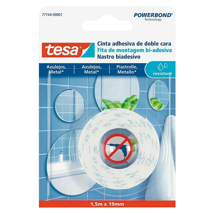 Tesa Powerbond Cinta de doble cara Resistente humedad - 1,9 cm x 1,5 m, Blanco - Imagen de cinta de montaje Tesa Powerbond para azulejos y metal, doble cara, resistente, 1,5 m x 19 mm.