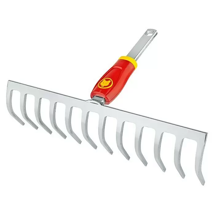Wolf-Garten Multi-Star Rechen DR-M 30 - Arbeitsbreite: 30 cm - Metallischer Rechenkopf mit rot-gelbem Griff und mehreren Zinken.