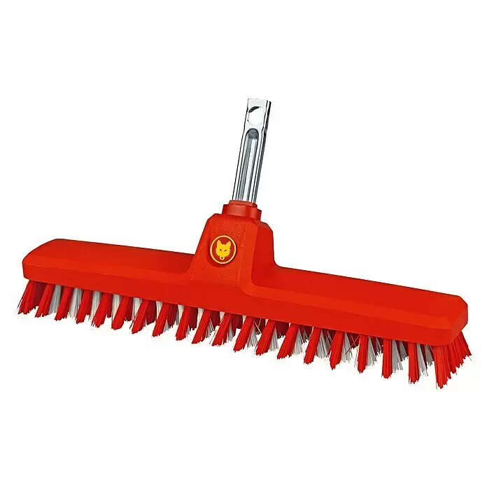 Wolf-Garten Multi-Star Schrubber SB 350 M - Arbeitsbreite: 35 cm, Material Borsten: Kunststoff - Roter Besenkopf mit rot-weißen Borsten und silbernem Stielanschluss, mit gelbem Wolf-Logo.