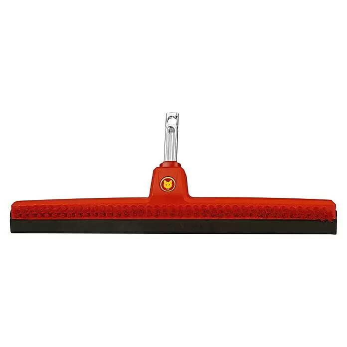 Wolf-Garten Multi-Star Wasserschieber FS 450 M - 45 cm, Kunststoff - Rote Bodenwischerbürste mit roten Borsten, schwarzer Gummilippe, silberner Stielbefestigung und gelbem Wolfslogo.