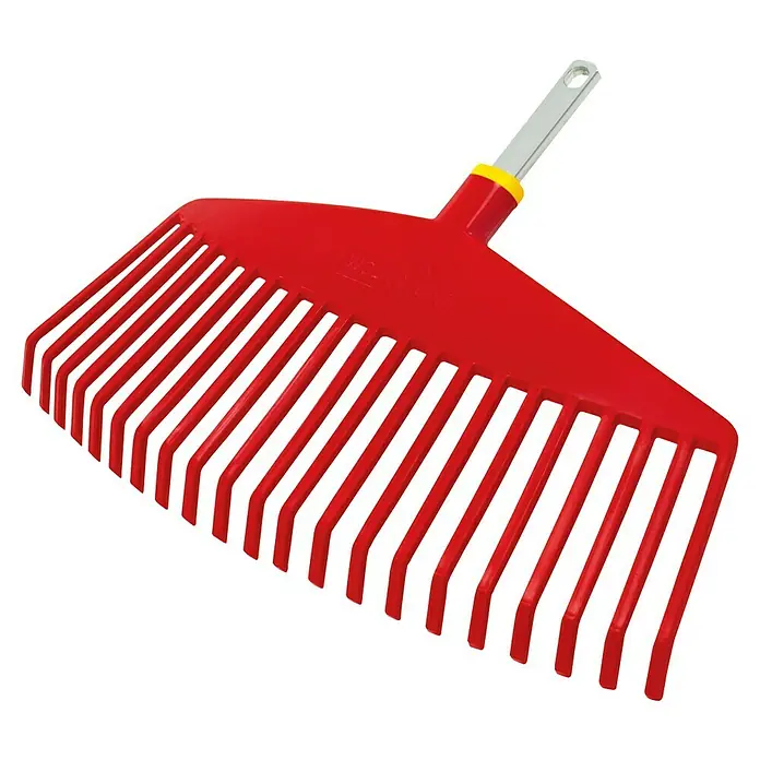 Wolf-Garten Multi-Star Fächerbesen Ui-M - Arbeitsbreite: 42 cm - Roter Laubbesen mit silbernem Griff und gelbem Detail, ein nützliches Gartengerät für die Gartenarbeit.