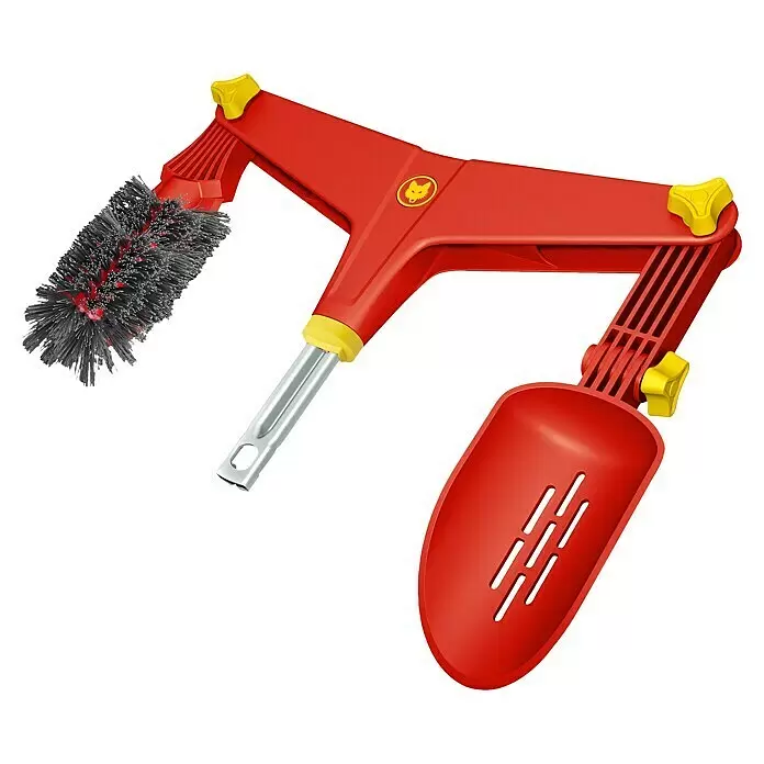 Wolf-Garten Multi-Star Dachrinnenreiniger GC-M - Passend für: Wolf-Garten Multi-Star Stiele - Rotes und gelbes Multifunktions-Gartengerät mit grauem Bürstenkopf, silbernem Metallverbinder und roter Schaufel.