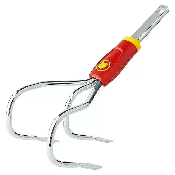 Wolf-Garten Multi-Star Grubber BE-M - Arbeitsbreite: 11 cm - Rote Hand-Gartenkralle mit drei glänzenden, verchromten Metallzinken.