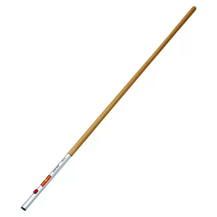 Wolf-Garten Multi-Star Holzstiel - Passend für: Wolf-Garten Multi-Star Aufsätze, Länge: 150 cm - Ein langer, hellbrauner Holzstiel für Gartengeräte mit silbernem multi-star Systemanschluss und rotem Knopf. 150 cm Länge.