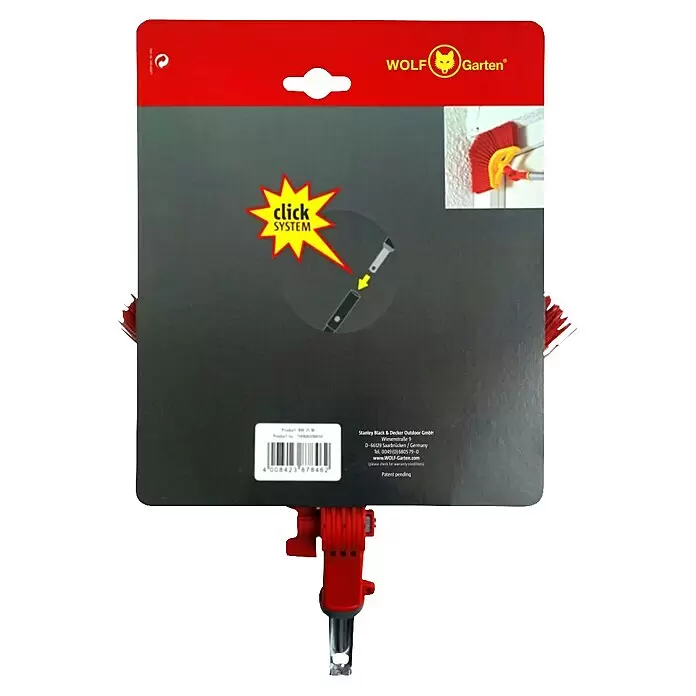 Wolf-Garten Multi-Star Winkelbesen BW 25 M - Ohne Stiel - Wolf-Garten "Click SYSTEM" roter Eckbesen-Aufsatz auf seiner rot-dunkelgrauen Verpackung, zeigt den Verbindungsmechanismus.