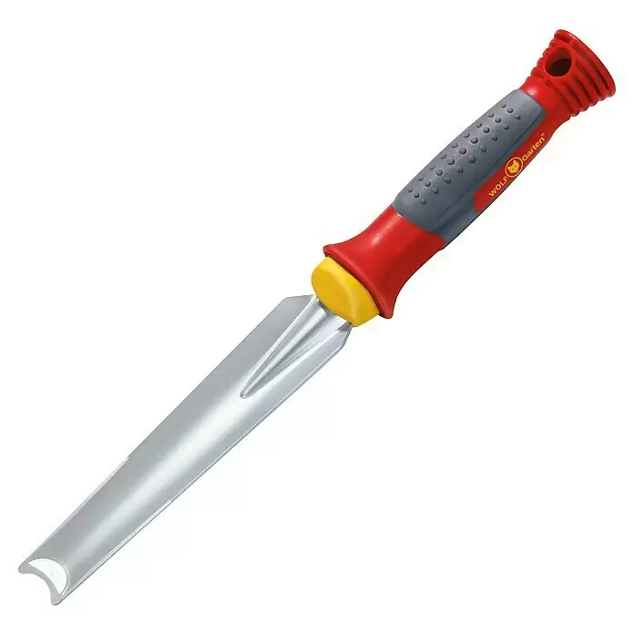 Wolf-Garten Multi-Star Unkrautstecher KS-2K - Länge: 31 cm - Silbernes Pflanzwerkzeug mit gelbem Kragen und rotem-grauem ergonomischem Griff.