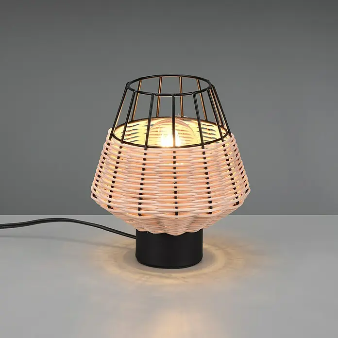 Trio Lighting Lámpara de sobremesa redonda Borka - 40 W, Ø x Al: 17 x 20 cm, Negro/Ratán, E27 - Atractiva lámpara de mesa con pantalla de ratán y marco de metal negro, que emite una luz cálida.