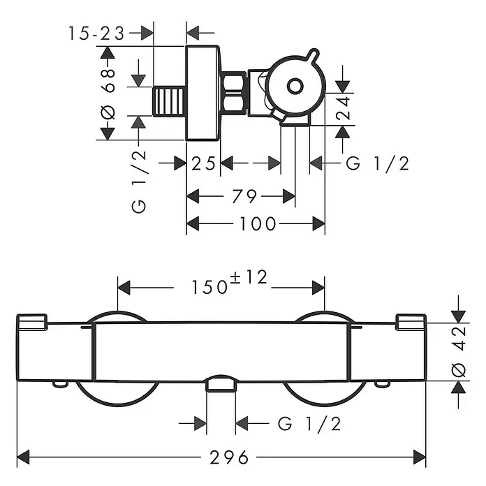 Hansgrohe Grifo con termostato MyFox - Ancho: 29,6 cm, Cromo, Resplandeciente - Dibujo dimensionado de un mezclador termostático con todas las dimensiones relevantes para la instalación y el diseño.