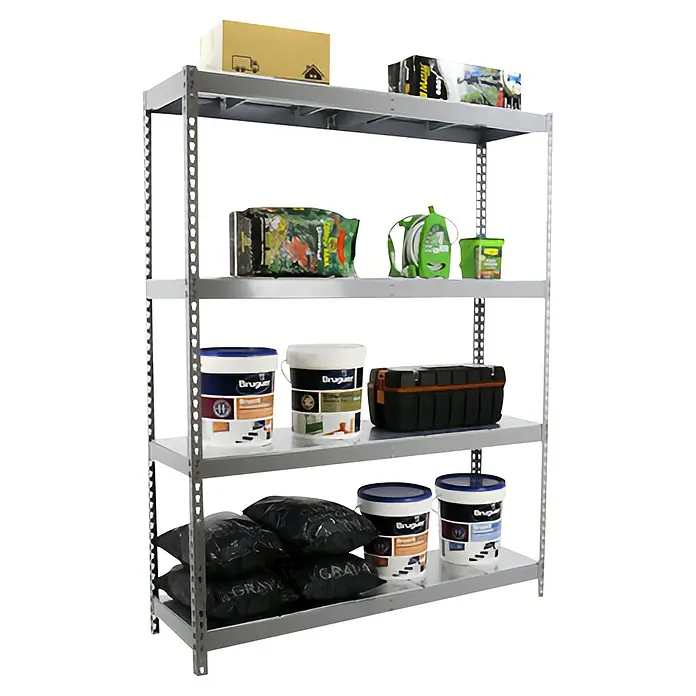 Simonrack Simonforte Schwerlastregal Simonforte Metall - H x B x T: 200 x 180 x 90 cm, Traglast pro Boden: 600 kg, Anzahl Böden: 4 Stk., Stecken, Grau/Silber - Lagerregal mit vier Ebenen, beladen mit verschiedenen Artikeln wie Farbbehältern, Säcken und Kisten, ideal für Organisation.