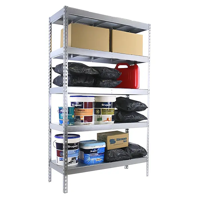 Simonrack Simonforte Schwerlastregal Simonforte Metall - H x B x T: 200 x 210 x 90 cm, Traglast pro Boden: 400 kg, Anzahl Böden: 5 Stk., Stecken, Silber/Silber - Bild eines Schwerlastregals mit diversen Gegenständen wie Kartons, Farbeimern und Müllsäcken.