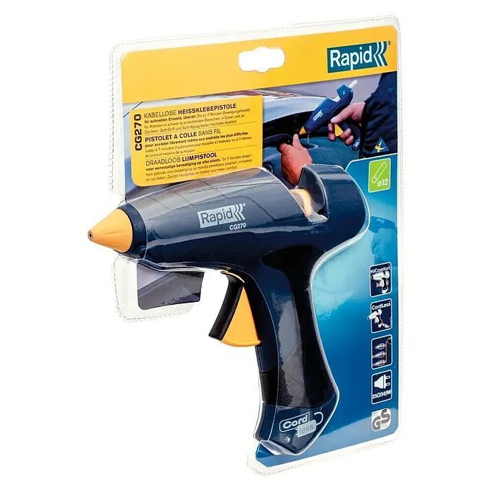 Rapid Pistola termoencoladora CG270 - 25 W, Diámetro cartucho de cola: 12 mm - La pistola de pegamento termofusible inalámbrica Rapid CG270 en blíster, ideal para tareas de encolado flexibles sin cables.