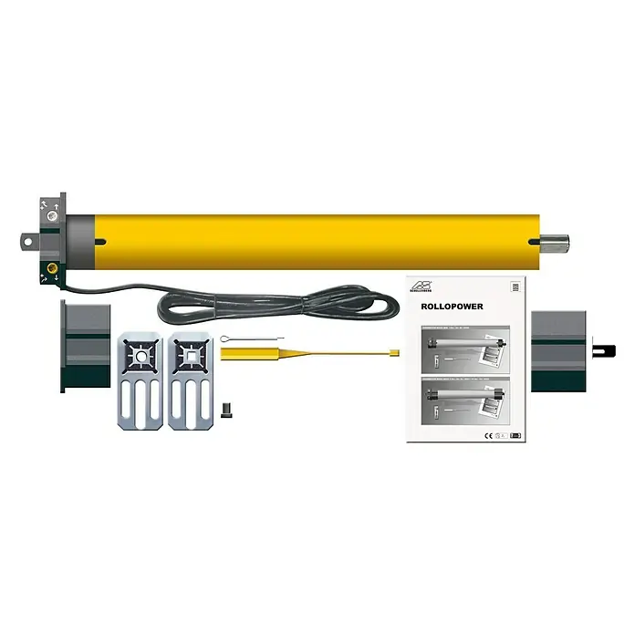 Schellenberg Motor tubular Maxi Standard - Fuerza de tracción: 25 kg - Imagen del producto de un motor de persiana enrollable amarillo ROLLOPOWER con accesorios para la instalación. El juego incluye todas las piezas.