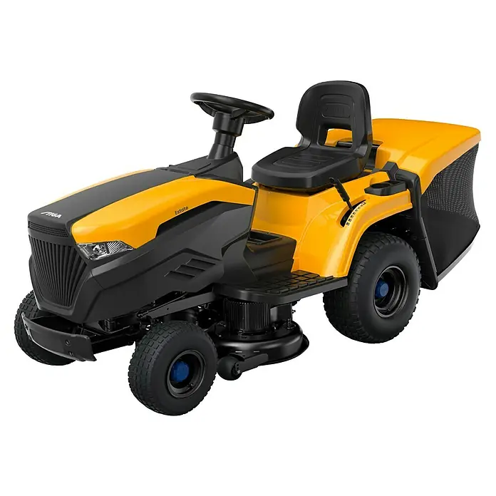 Stiga Akku-Rasentraktor Estate 384 E - 48 V, 30 Ah, Schnittbreite: 84 mm - Abbildung eines gelben Stiga Estate Rasentraktors. Ideal für große Gärten. Der Traktor verfügt über einen bequemen Sitz und ein Lenkrad für eine einfache Bedienung.