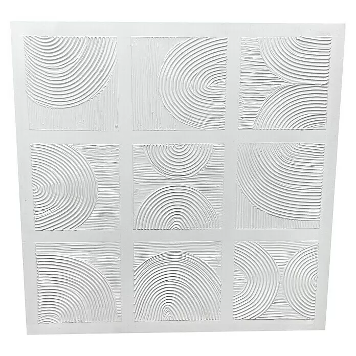Leinwandbild - Structure, B x H: 58 x 58 cm - Weißes strukturiertes Wandkunstpaneel mit neun quadratischen Abschnitten, jeder mit einem erhabenen geschwungenen Reliefmuster.