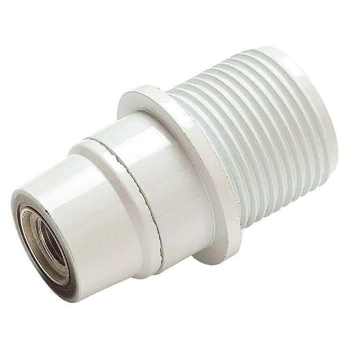 Famatel Casquillo para lámparas con tope y arandela 466 - E14, Blanco, Baquelita - Primer plano de un casquillo roscado blanco utilizado para aplicaciones de fontanería o construcción.