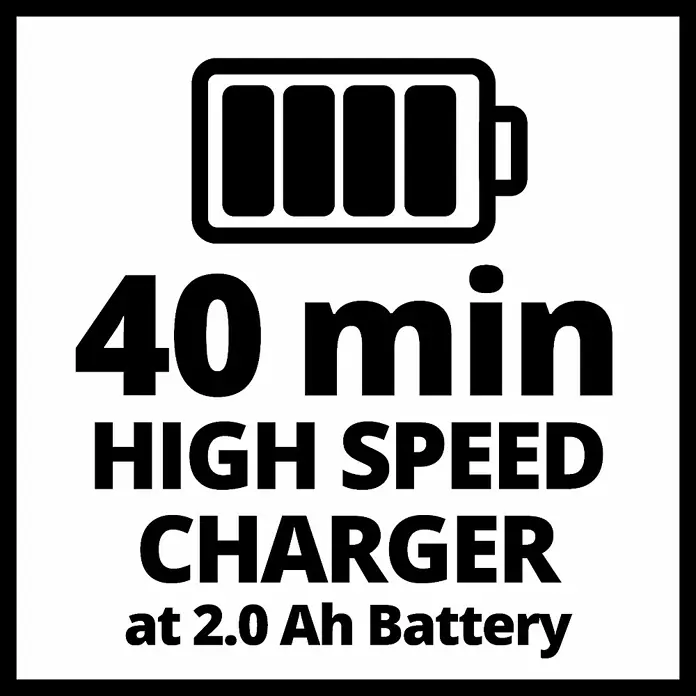 Einhell Power X-Change 18V Akku-Laubbläser GE-ULB 18 Li E-Kit - 18 V, 1 Akku, 2 Ah, Blasgeschwindigkeit: 250 km/h, Blasleistung: 120 m³/h - Bild eines Hochgeschwindigkeitsladegeräts, das eine 2,0-Ah-Batterie in 40 Minuten aufladen kann.