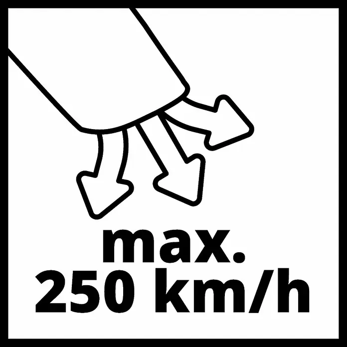 Einhell Power X-Change 18V Akku-Laubbläser GE-ULB 18 Li E-Kit - 18 V, 1 Akku, 2 Ah, Blasgeschwindigkeit: 250 km/h, Blasleistung: 120 m³/h - Symbol für maximale Luftgeschwindigkeit von 250 km/h. Geeignet für Gebläse oder Ventilatoren mit dieser Leistungsfähigkeit.
