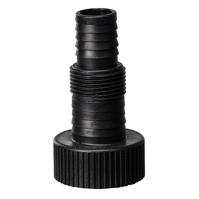 Einhell Power X-Change 18V Schmutzwasserpumpe GE-DP 18/25 LL Li-Solo - 160 W, 18 V, Max. Fördermenge: 7.000 l/h, Eintauchtiefe: 4 m - Schwarzer Kunststoff-Schlauchverbinder mit gerändeltem Ende für sichere Befestigung.