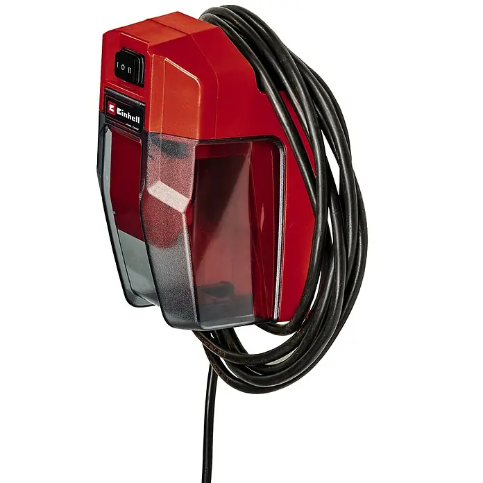 Einhell Power X-Change 18V Schmutzwasserpumpe GE-DP 18/25 LL Li-Solo - 160 W, 18 V, Max. Fördermenge: 7.000 l/h, Eintauchtiefe: 4 m - Ein rotes Einhell-Werkzeugschärfgerät mit transparentem Schutz und aufgewickeltem Kabel.