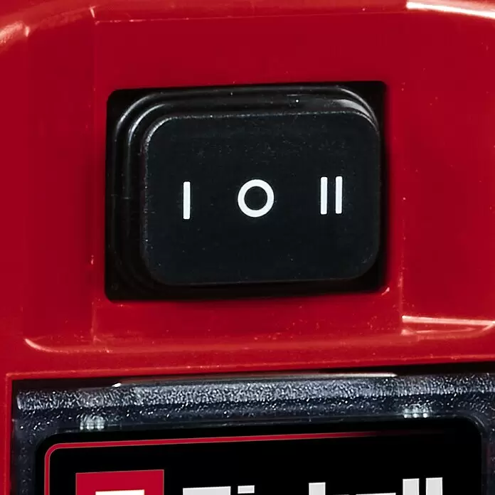 Einhell Power X-Change 18V Schmutzwasserpumpe GE-DP 18/25 LL Li-Solo - 160 W, 18 V, Max. Fördermenge: 7.000 l/h, Eintauchtiefe: 4 m - Schwarzer Ein-/Ausschalter mit I, O, II Markierungen auf rotem Gerät, für Aus und zwei Geschwindigkeitsstufen.