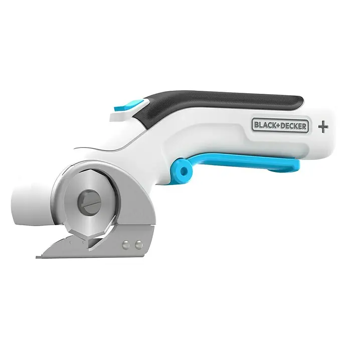 Black+Decker Cúter circular BCRC115-XJ - 3,6 V, 1,5 Ah, Iones de litio - Imagen de unas tijeras eléctricas BLACK+DECKER con cuerpo blanco y empuñadura negra. La herramienta tiene un gatillo azul.