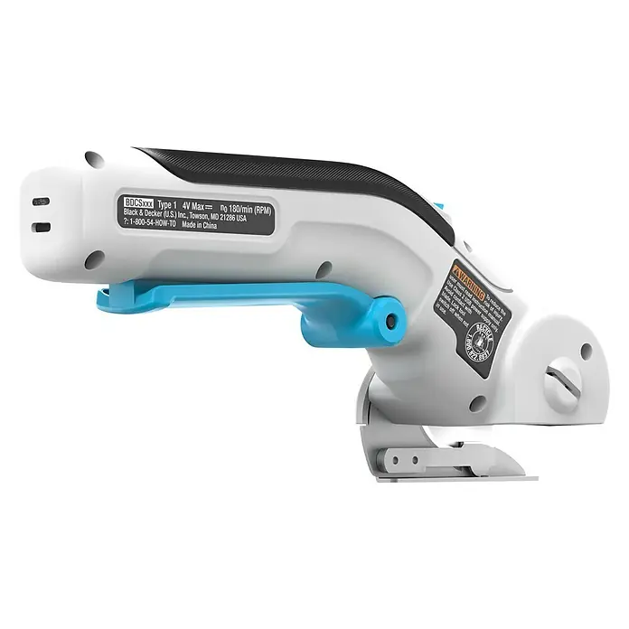 Black+Decker Cúter circular BCRC115-XJ - 3,6 V, 1,5 Ah, Iones de litio - Imagen de un cortador de tela Black & Decker BDCSXXX Tipo 1 4V Max con mango azul.
