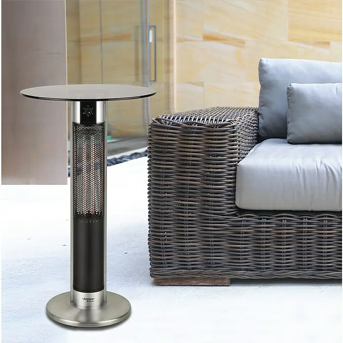 Voltomat HEATING Infrarot-Heizstrahler - 60 x 60 x 110 cm, 1.600 W, Silber/Schwarz - Diese Aufnahme zeigt einen stilvollen Terrassenheizer mit Tischplatte, der sich ideal für gemütliche Abende im Freien eignet.