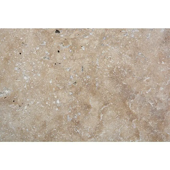 Antikmarmorfliese Travertin Chiaro - 40,6 x 61 cm, Beige, Matt - Detailaufnahme eines hellbraunen Travertin-Natursteins mit Löchern und einer unregelmäßigen Textur.